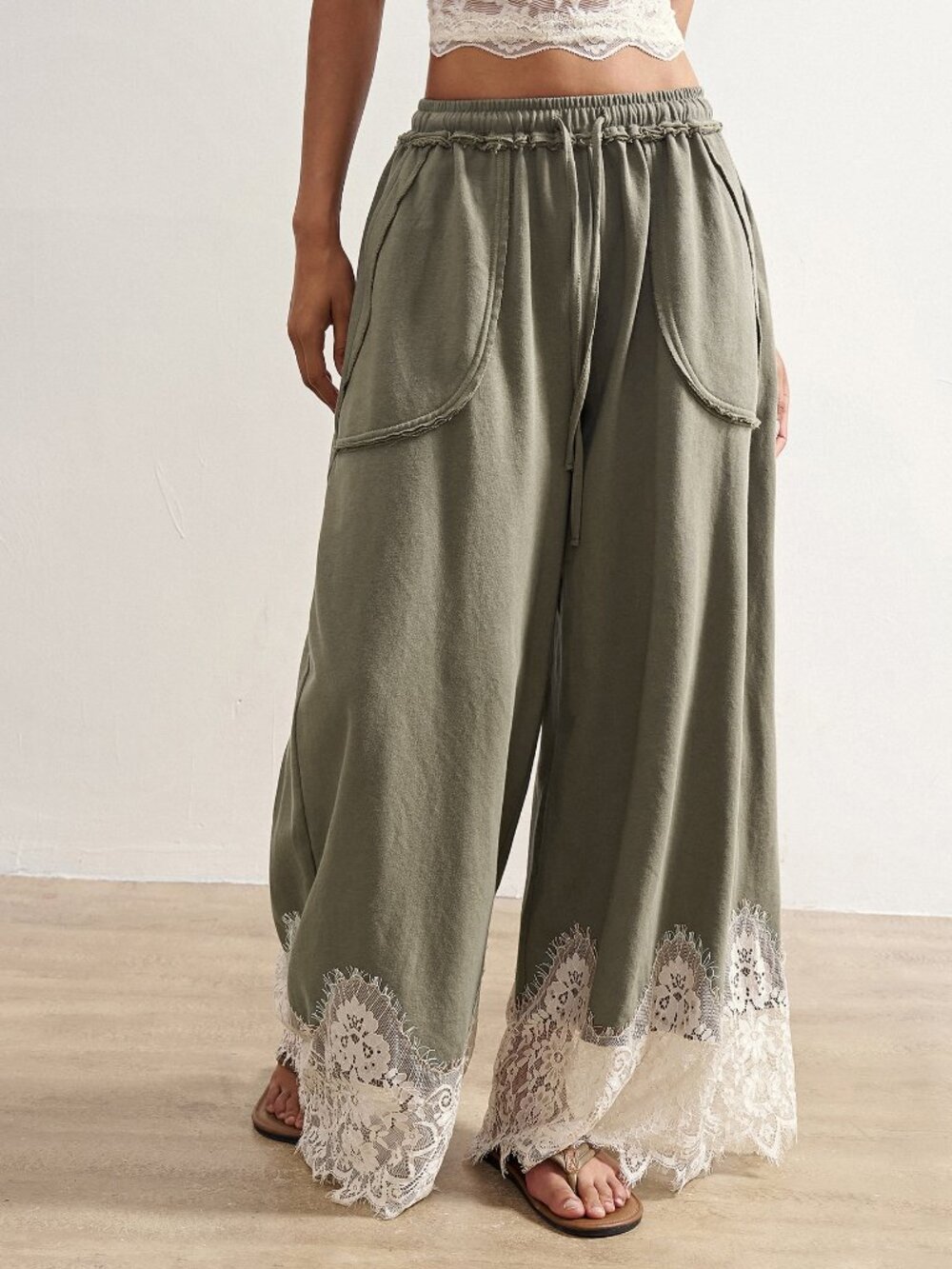 Green Casual Women's Knit Contrast Lace Loose Washed Long Pants